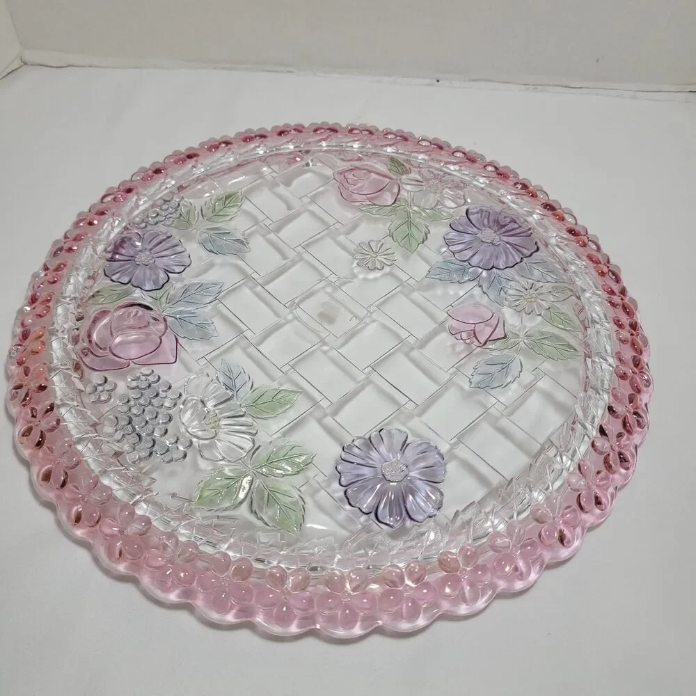 Riccardo Cake Plate Platter Glass Lattice Floral 13